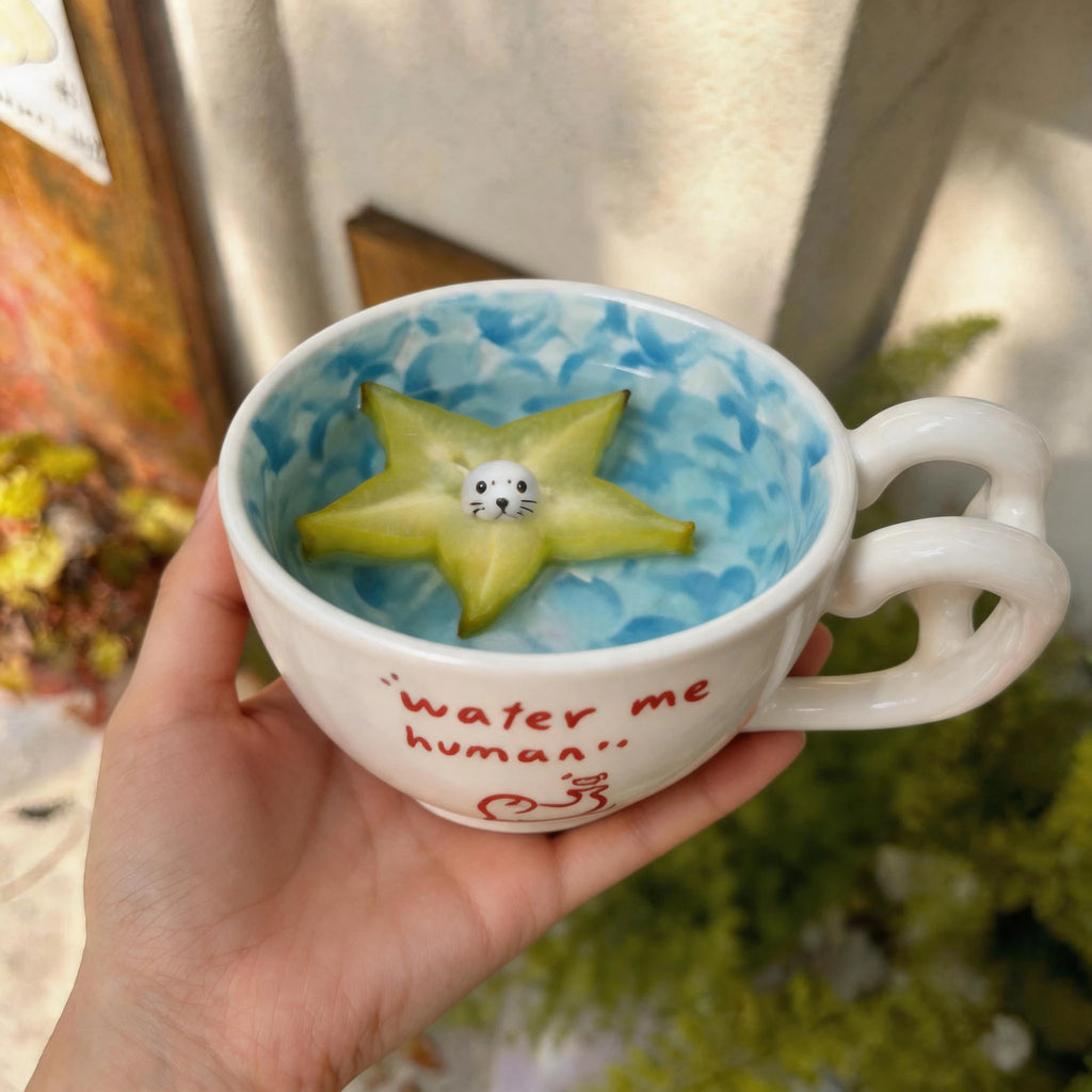 Handcrafted 3D Seal Ceramic Coffee Cup & Saucer Set (12 oz)