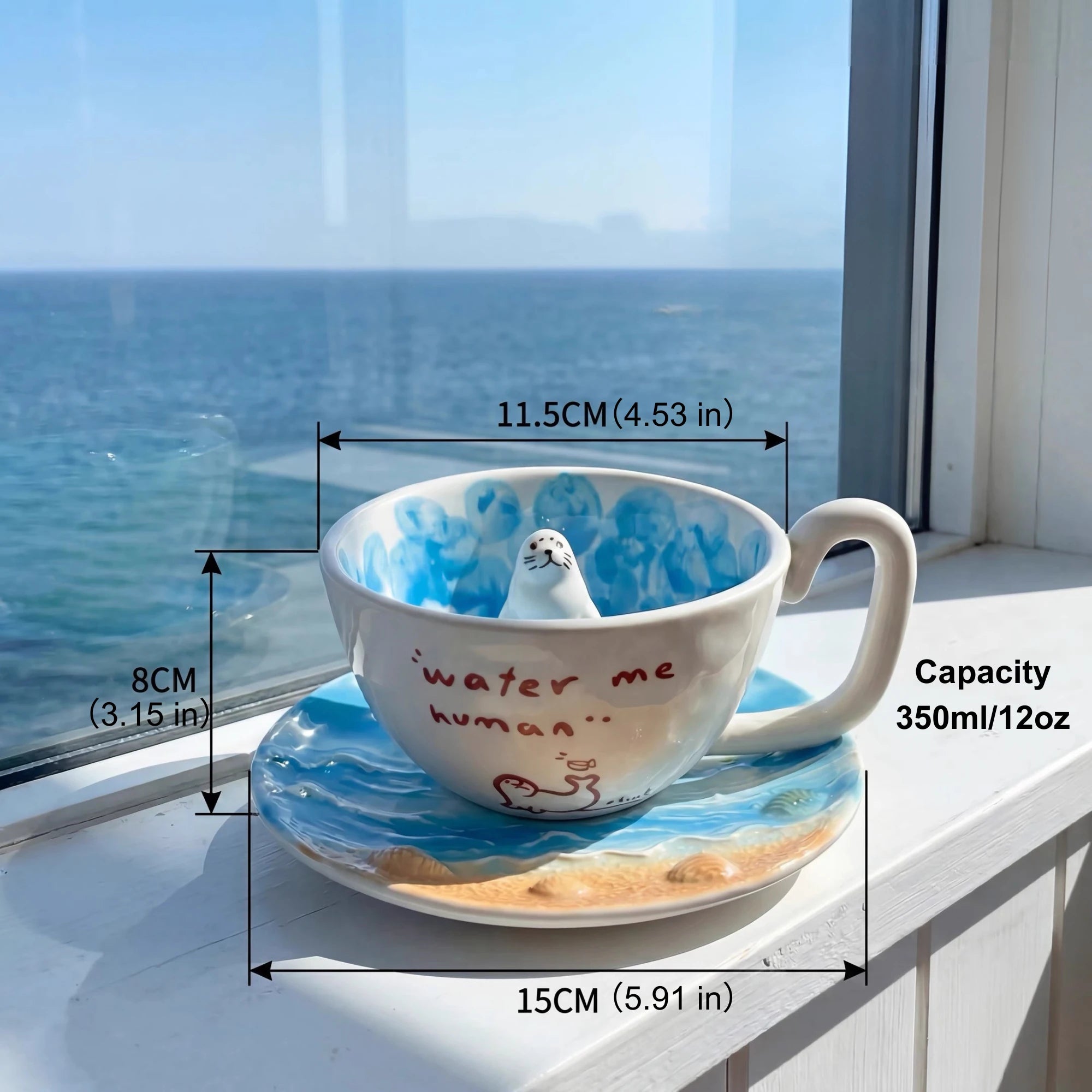 Handcrafted 3D Seal Ceramic Coffee Cup & Saucer Set (12 oz)