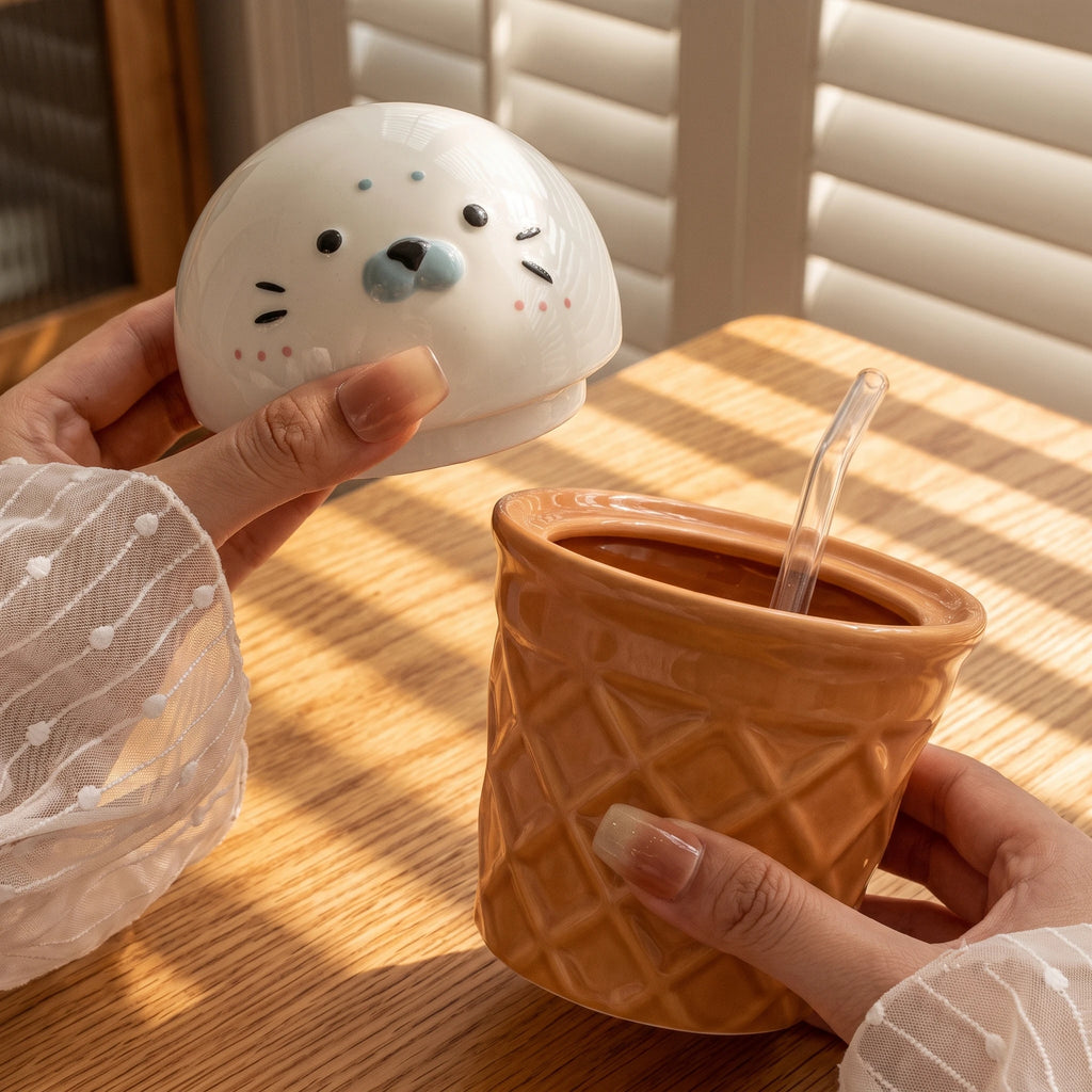 Handmade 3D Seal Ceramic Straw Mug & Waffle Cone Iced Coffee Cup