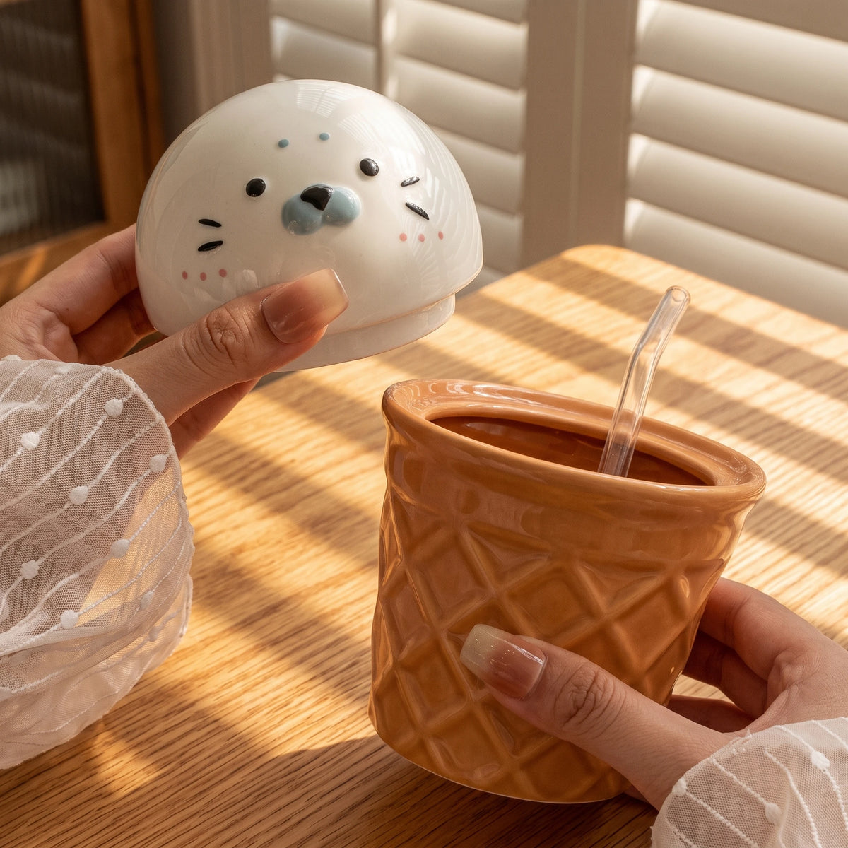 Handmade 3D Seal Ceramic Straw Mug & Waffle Cone Iced Coffee Cup