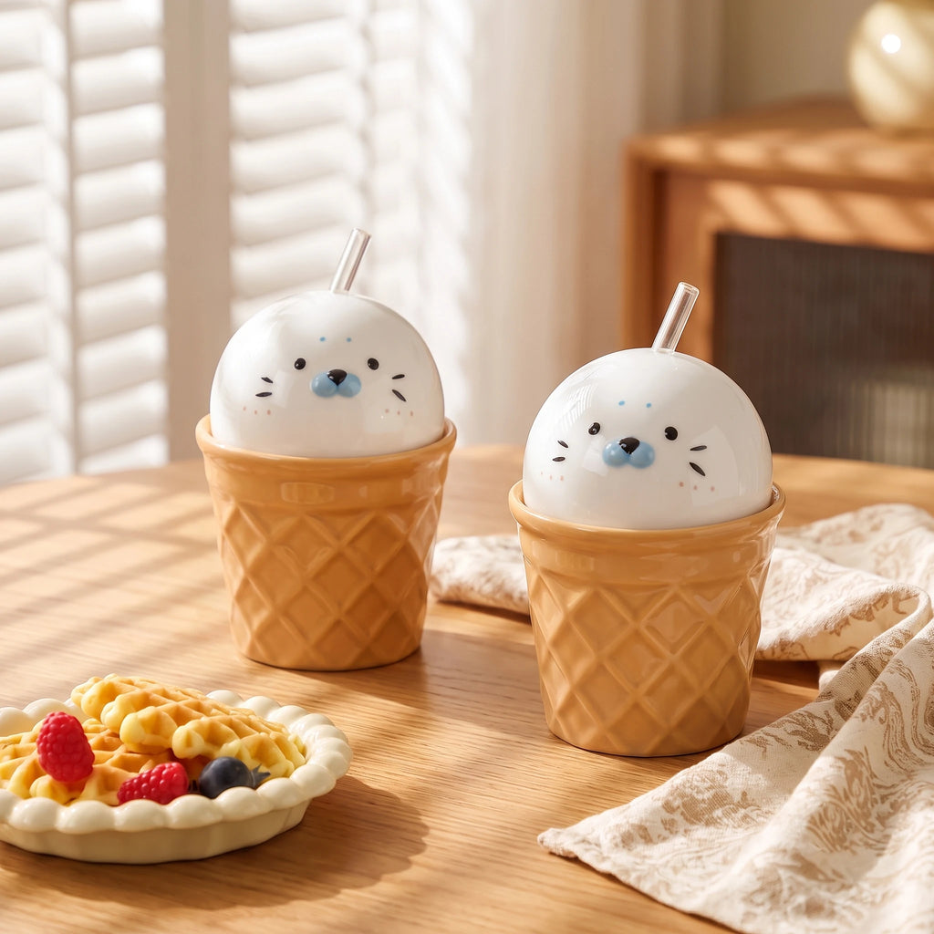 Handmade 3D Seal Ceramic Straw Mug & Waffle Cone Iced Coffee Cup
