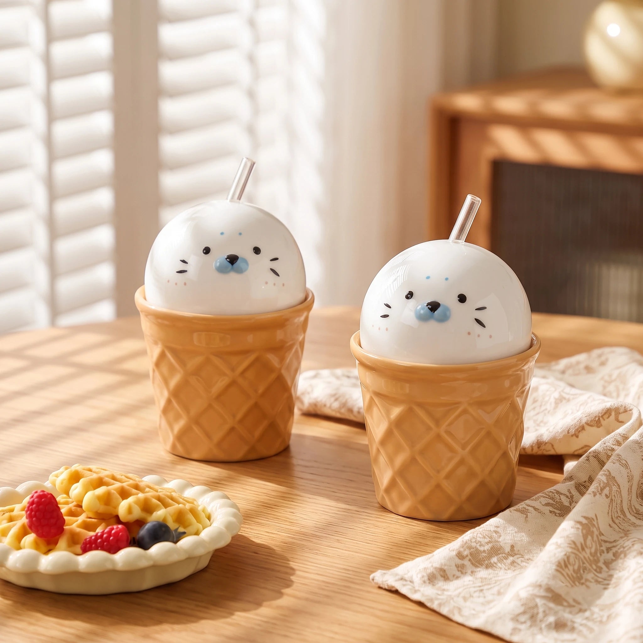 Handmade 3D Seal Ceramic Straw Mug & Waffle Cone Iced Coffee Cup