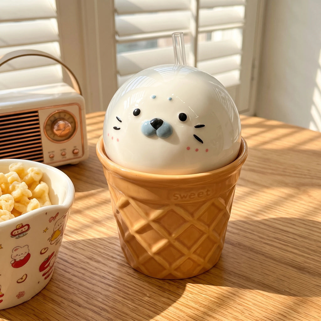 Handmade 3D Seal Ceramic Straw Mug & Waffle Cone Iced Coffee Cup
