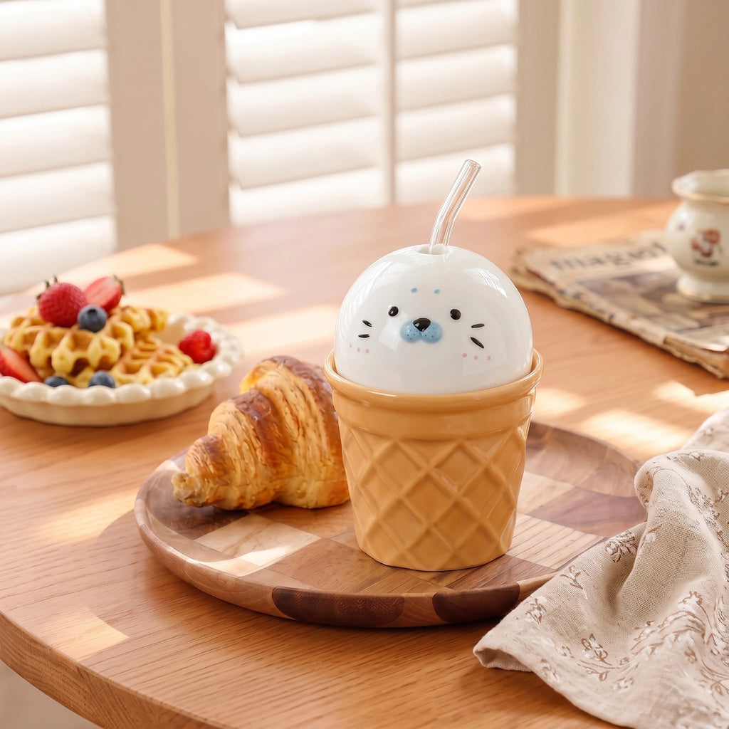 Handmade 3D Seal Ceramic Straw Mug & Waffle Cone Iced Coffee Cup