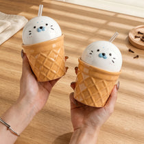 Handmade 3D Seal Ceramic Straw Mug & Waffle Cone Iced Coffee Cup