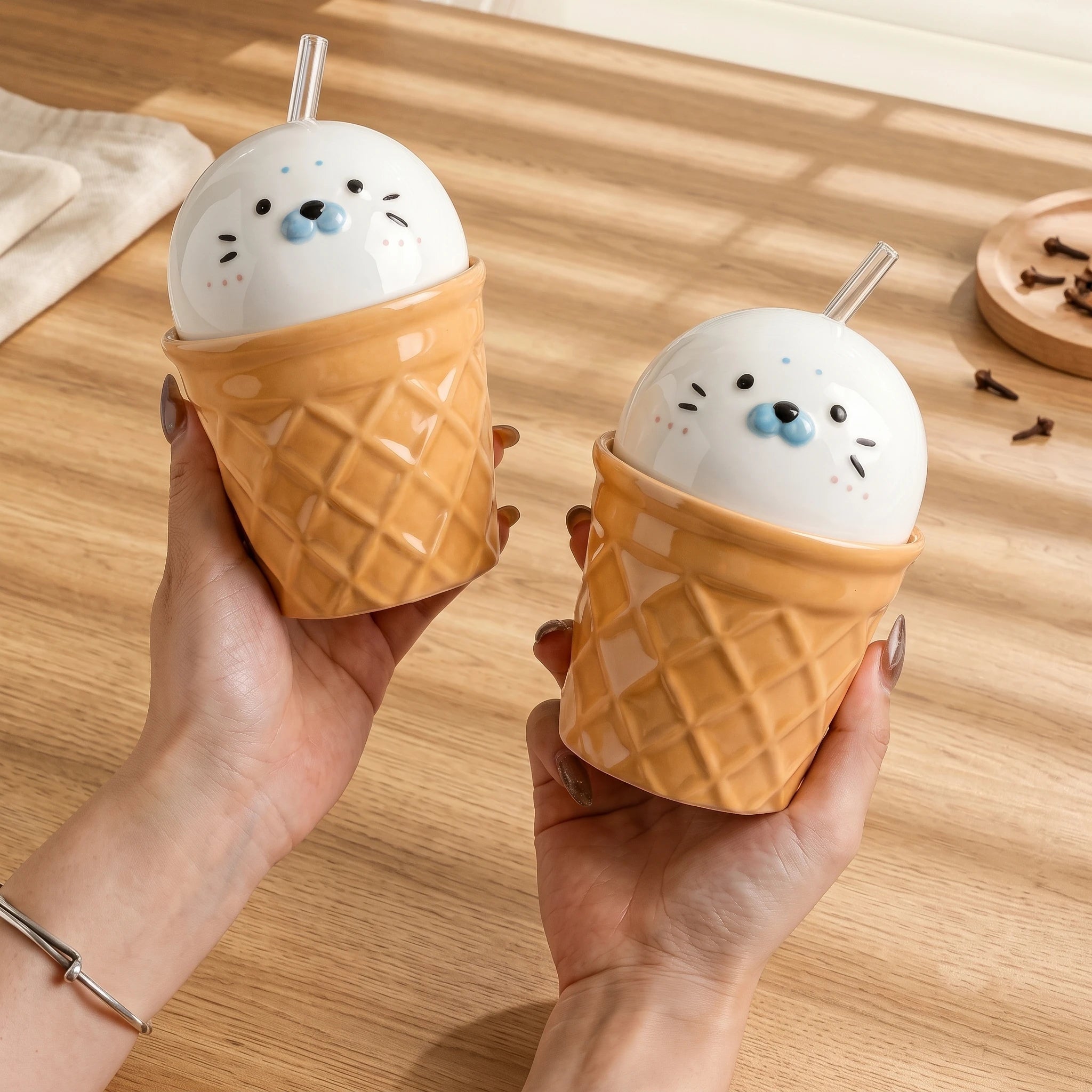 Handmade 3D Seal Ceramic Straw Mug & Waffle Cone Iced Coffee Cup