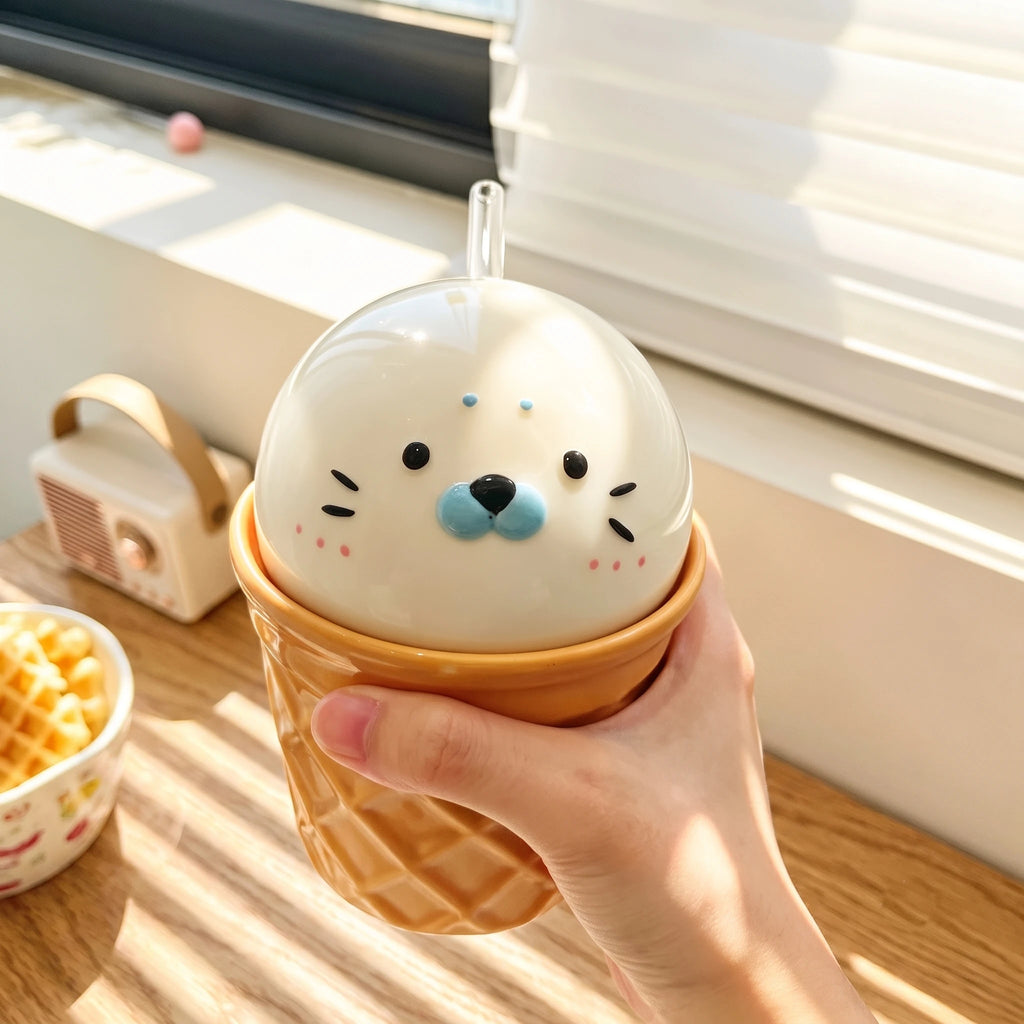 Handmade 3D Seal Ceramic Straw Mug & Waffle Cone Iced Coffee Cup