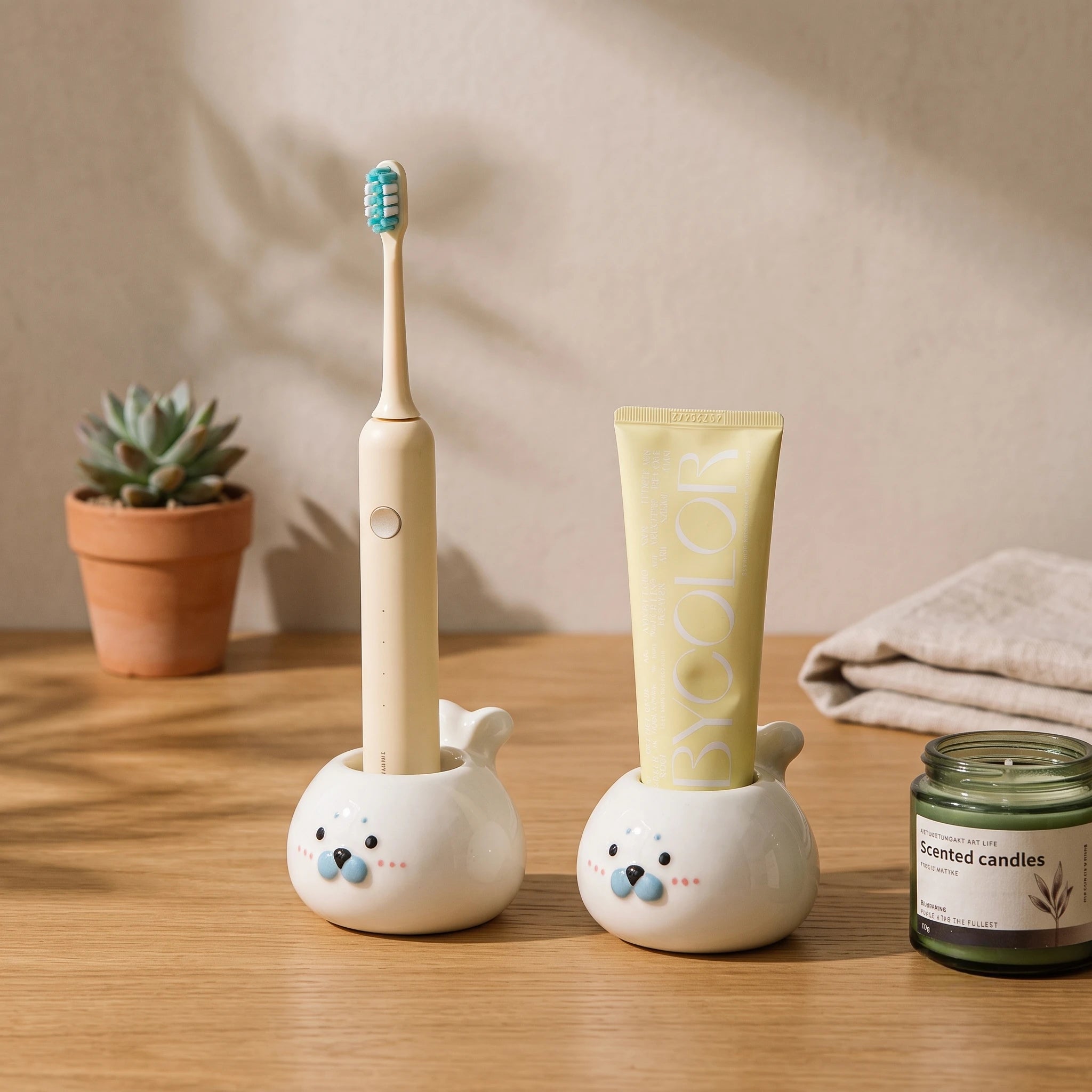 Handmade 3D Seal Ceramic Toothbrush Holder with Drainage Hole