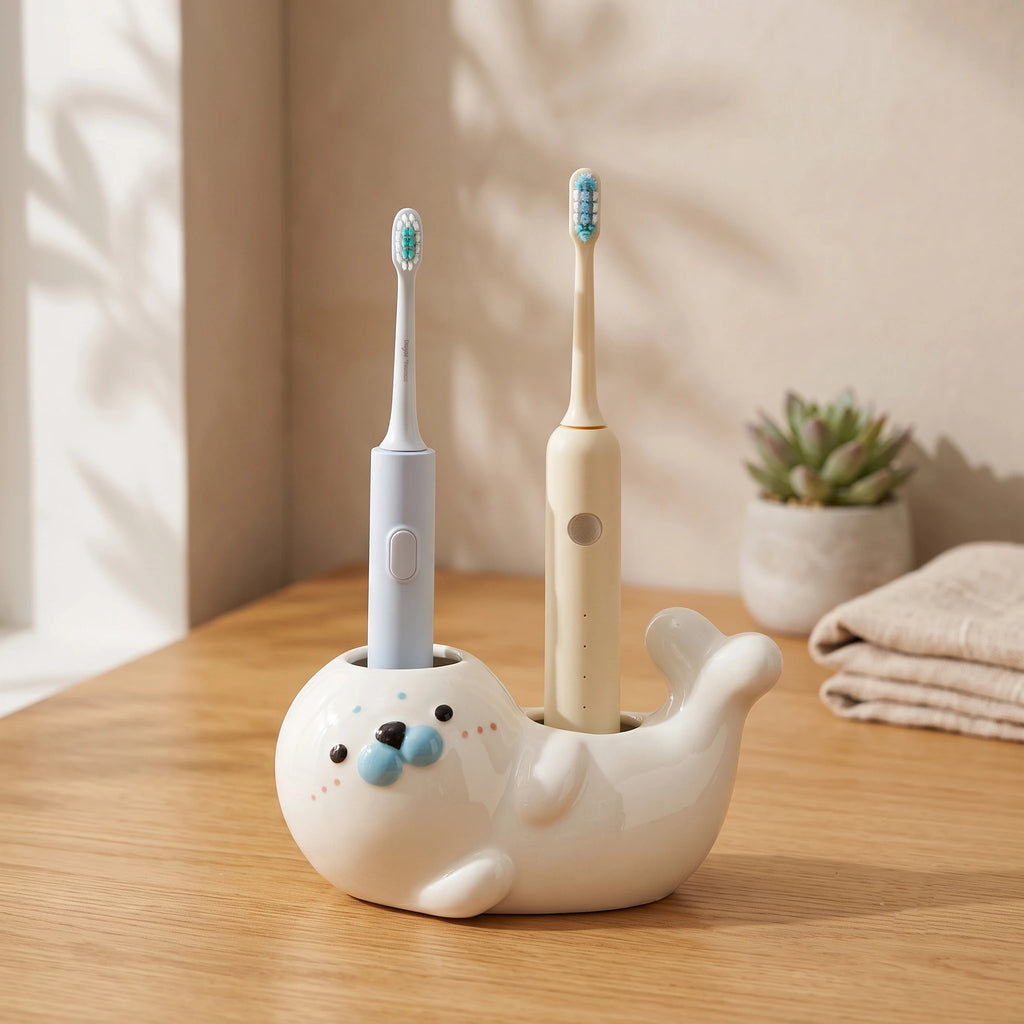 Handmade 3D Seal Ceramic Toothbrush Holder with Drainage Hole
