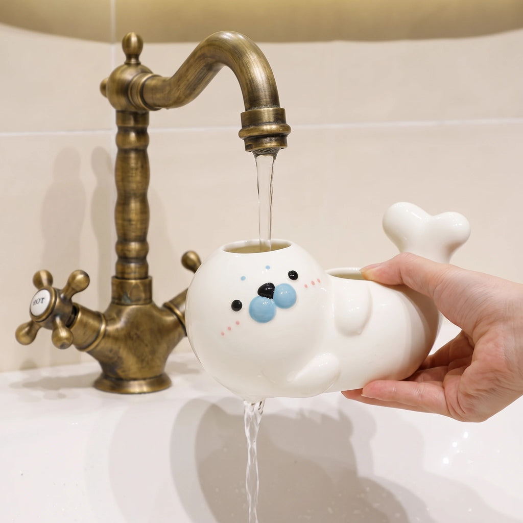 Handmade 3D Seal Ceramic Toothbrush Holder with Drainage Hole