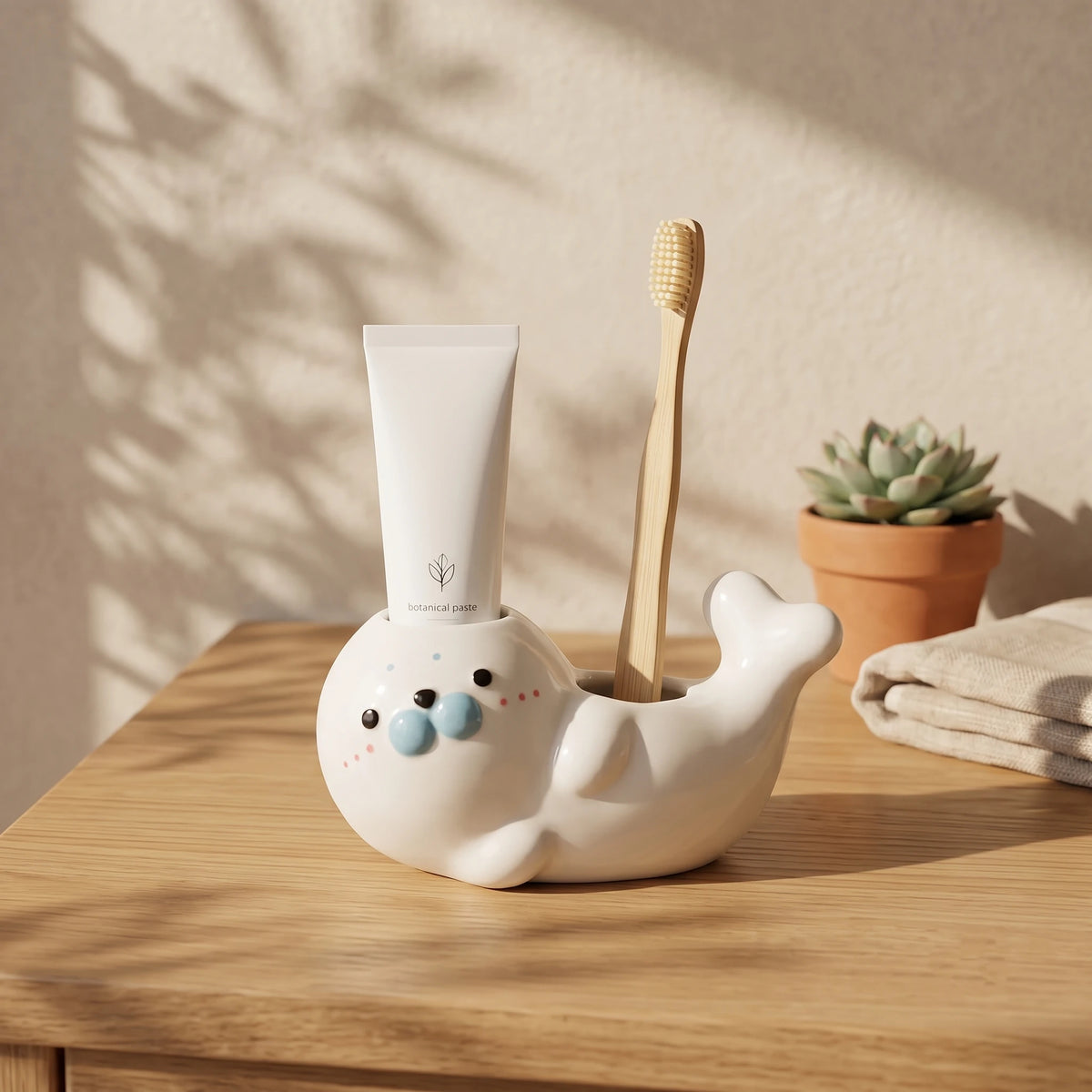 Handmade 3D Seal Ceramic Toothbrush Holder with Drainage Hole