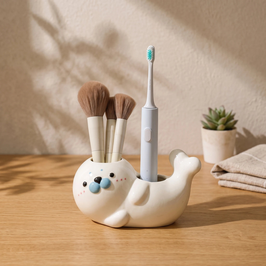 Handmade 3D Seal Ceramic Toothbrush Holder with Drainage Hole