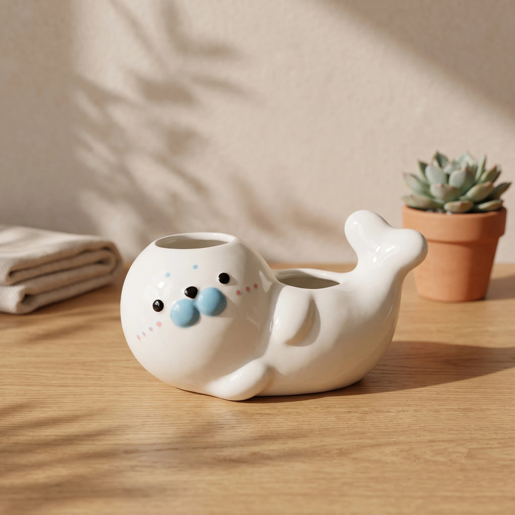 Handmade 3D Seal Ceramic Toothbrush Holder with Drainage Hole