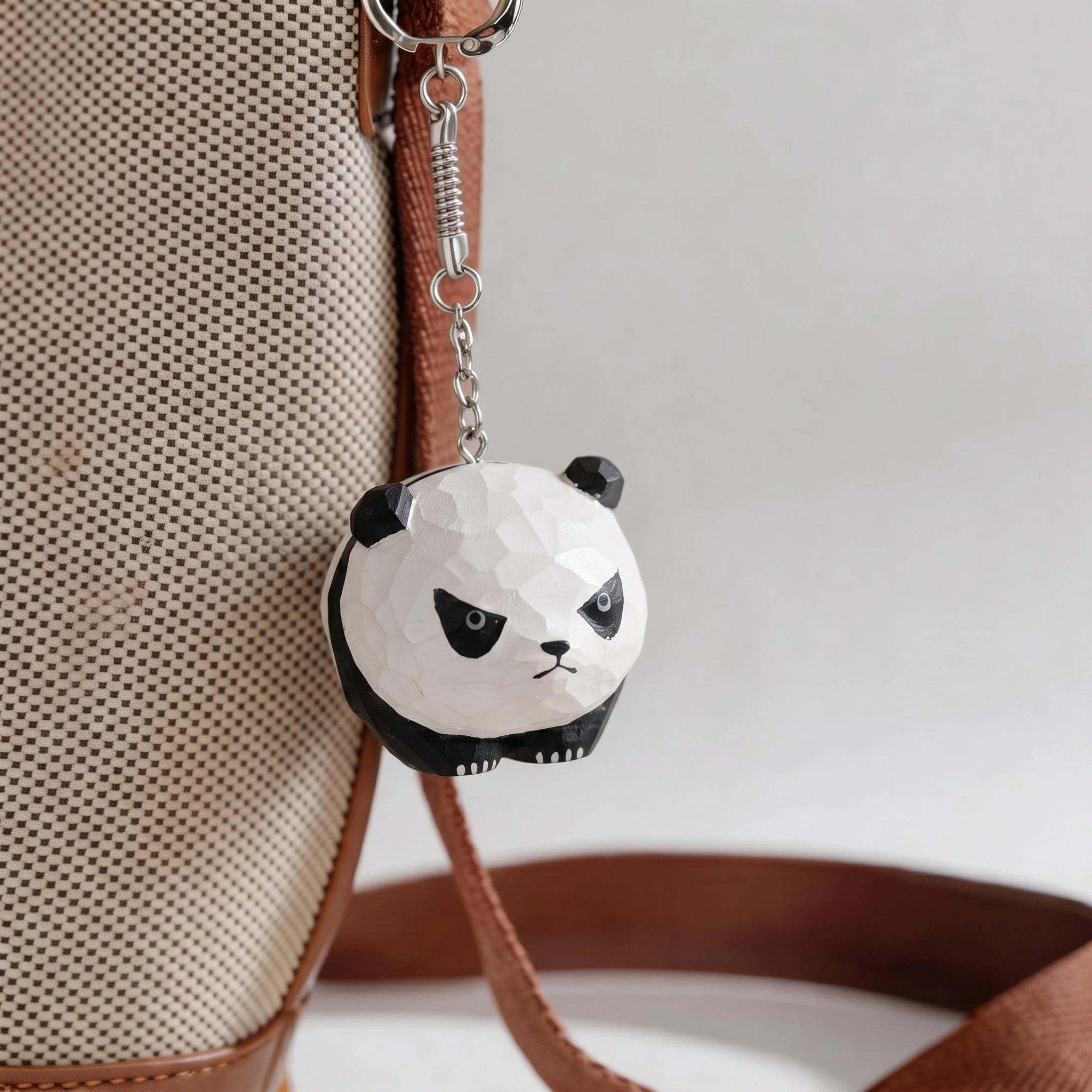 Carved Wood Panda Keychain & Bag Charm | Grumpy & Pouting Expression Secondary image