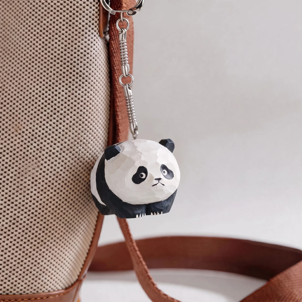 Carved Wood Panda Keychain & Bag Charm | Grumpy & Pouting Expression