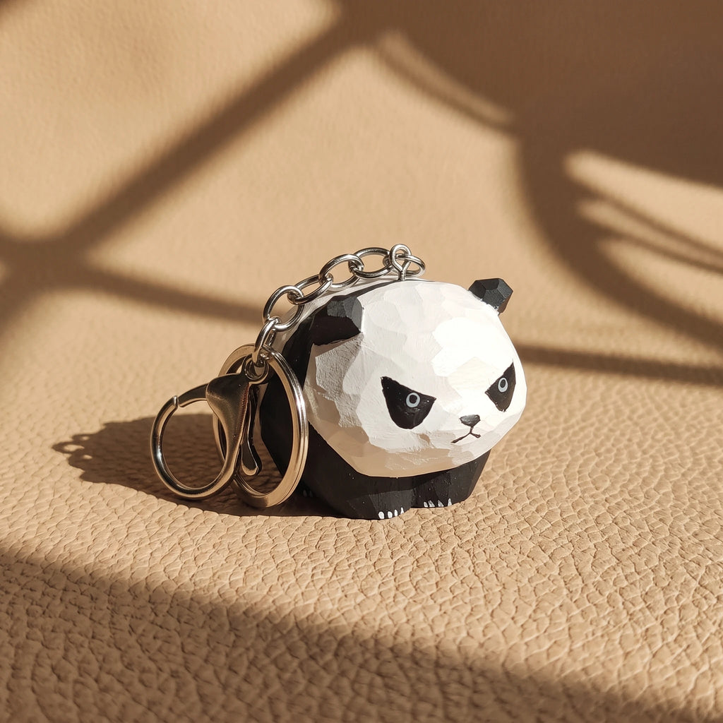 Carved Wood Panda Keychain & Bag Charm | Grumpy & Pouting Expression