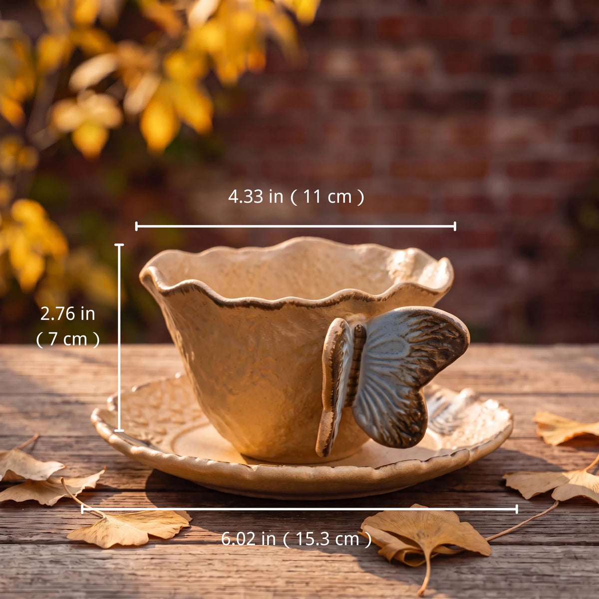 Handcrafted Ceramic Butterfly Cup & Saucer Set with Spoon | Sculpted 3D Wing Mug (8.5 oz)