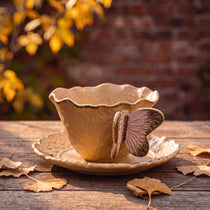 Handcrafted Ceramic Butterfly Cup & Saucer Set with Spoon | Sculpted 3D Wing Mug (8.5 oz)