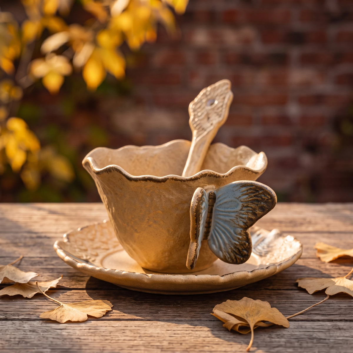 Handcrafted Ceramic Butterfly Cup & Saucer Set with Spoon | Sculpted 3D Wing Mug (8.5 oz) Main image