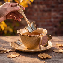 Handcrafted Ceramic Butterfly Cup & Saucer Set with Spoon | Sculpted 3D Wing Mug (8.5 oz)