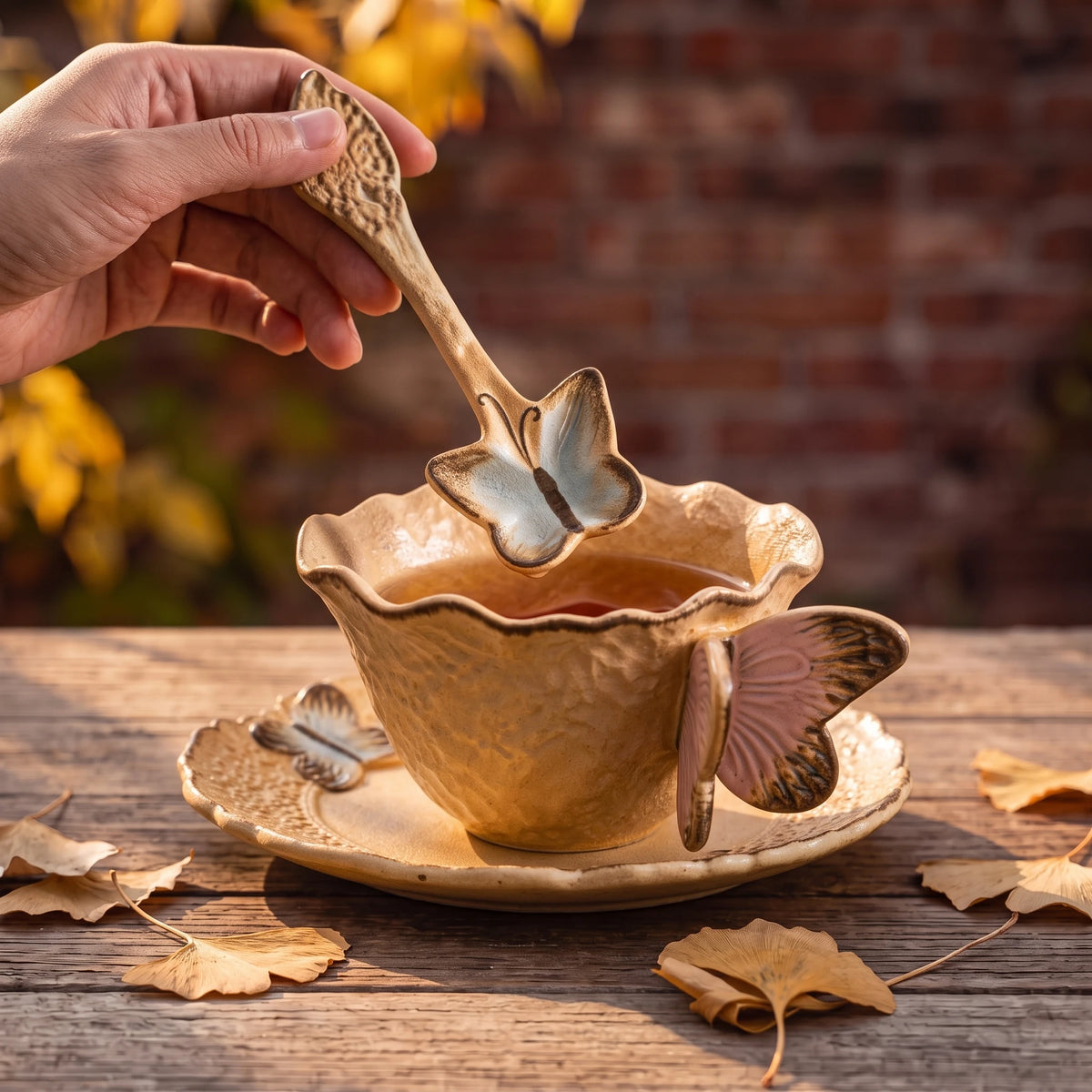 Handcrafted Ceramic Butterfly Cup & Saucer Set with Spoon | Sculpted 3D Wing Mug (8.5 oz)