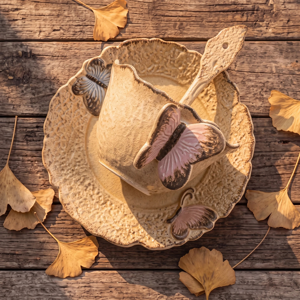 Handcrafted Ceramic Butterfly Cup & Saucer Set with Spoon | Sculpted 3D Wing Mug (8.5 oz)