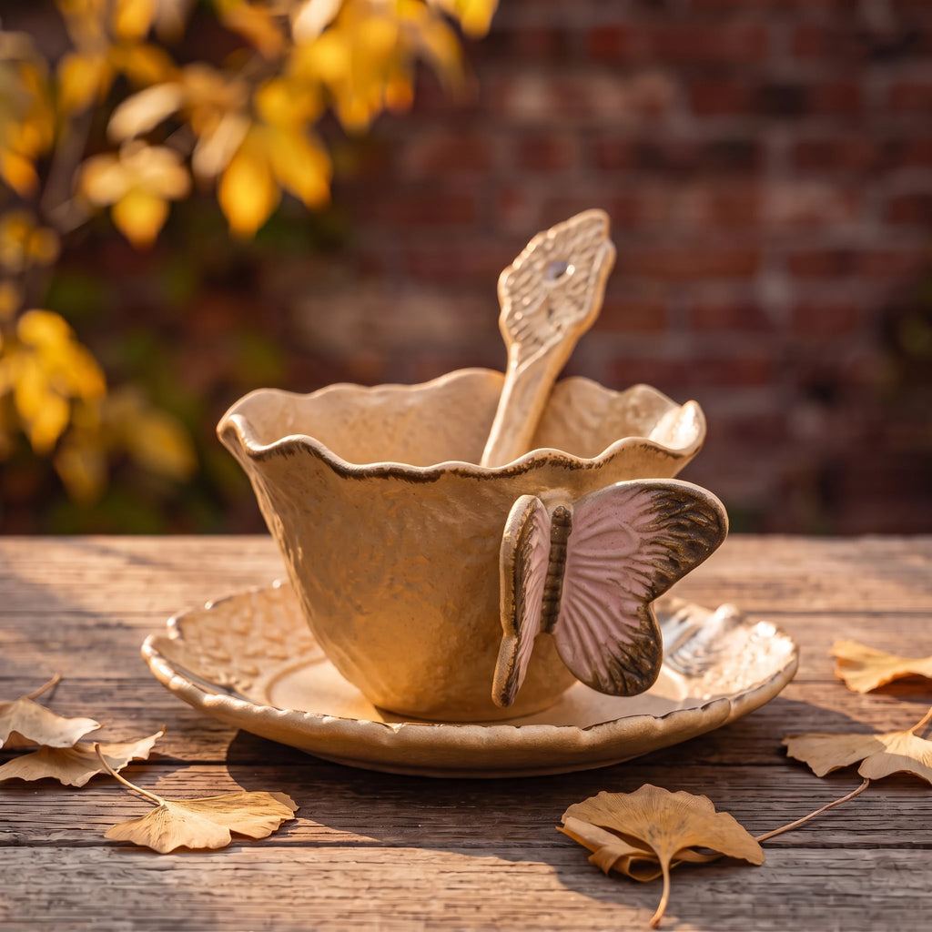 Handcrafted Ceramic Butterfly Cup & Saucer Set with Spoon | Sculpted 3D Wing Mug (8.5 oz)