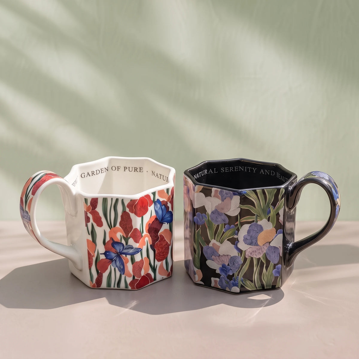 French Vintage Octagonal Botanical Ceramic Mug | Faceted Coffee & Tea Cup (13.5 oz)