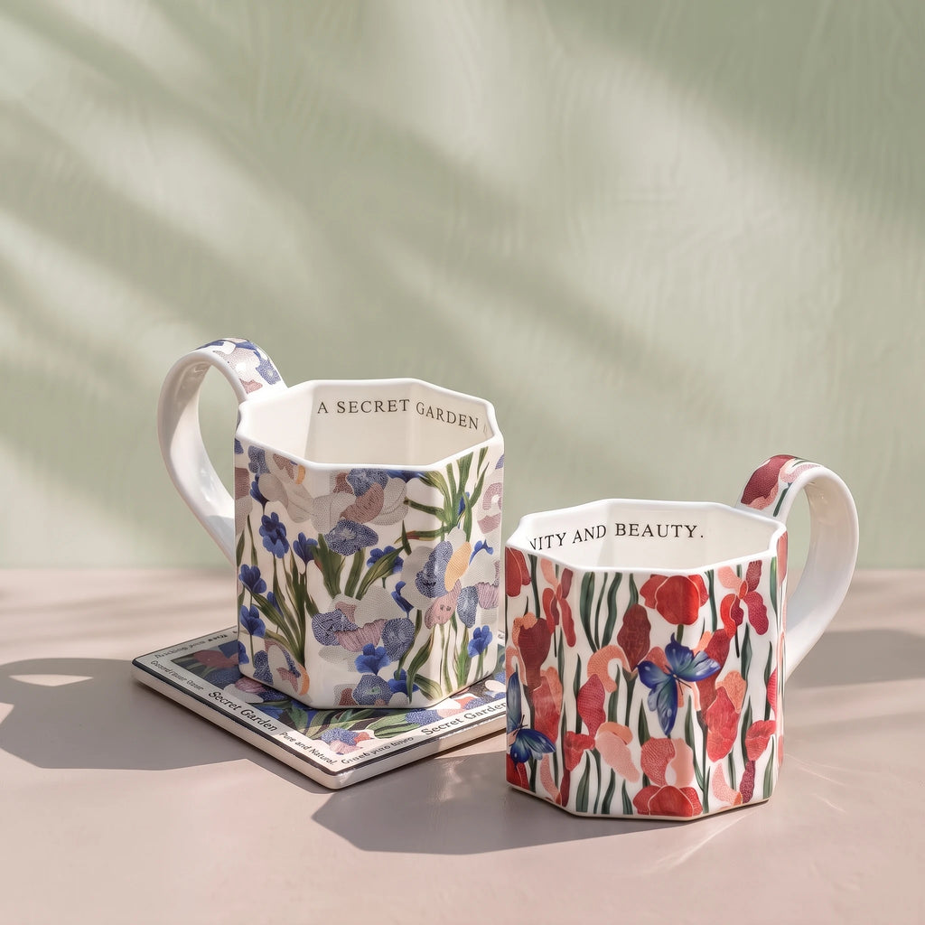 French Vintage Octagonal Botanical Ceramic Mug | Faceted Coffee & Tea Cup (13.5 oz)