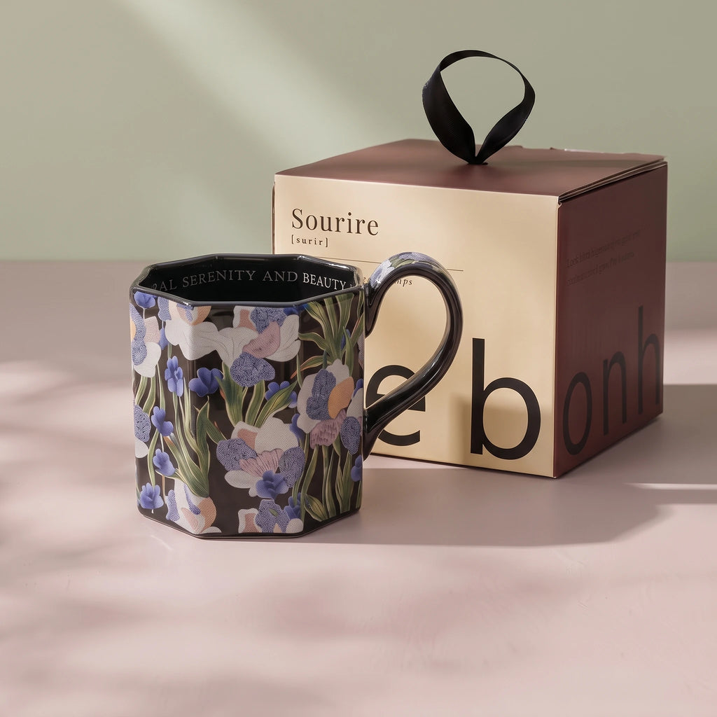 French Vintage Octagonal Botanical Ceramic Mug | Faceted Coffee & Tea Cup (13.5 oz)