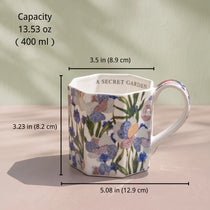 French Vintage Octagonal Botanical Ceramic Mug | Faceted Coffee & Tea Cup (13.5 oz)