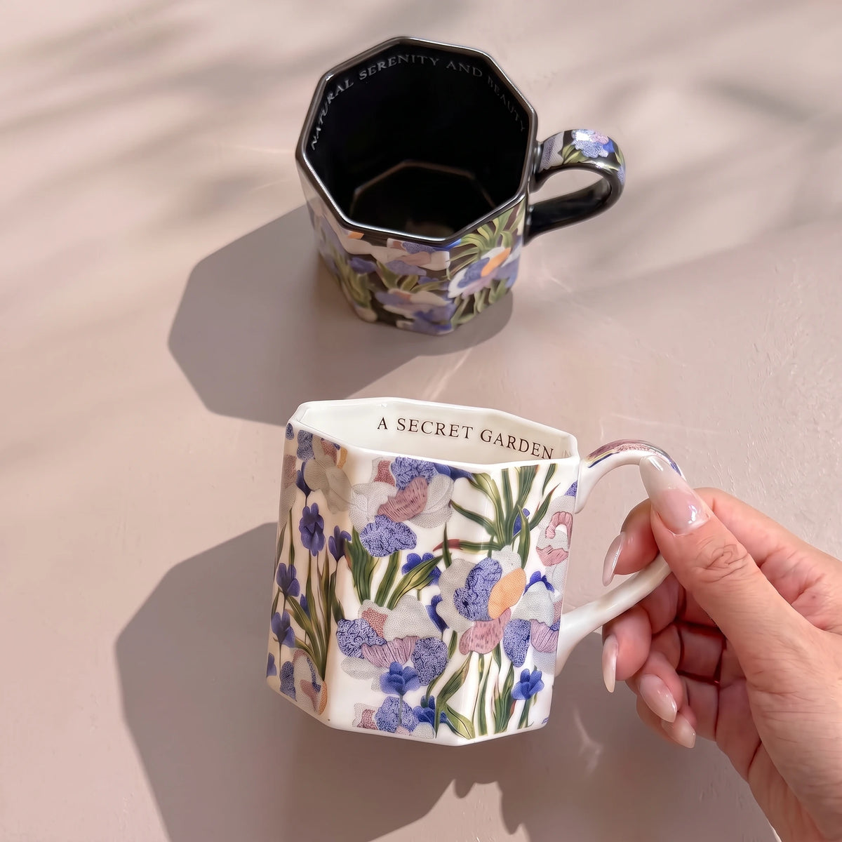 French Vintage Octagonal Botanical Ceramic Mug | Faceted Coffee & Tea Cup (13.5 oz)