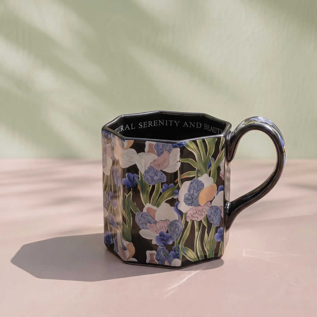 French Vintage Octagonal Botanical Ceramic Mug | Faceted Coffee & Tea Cup (13.5 oz)