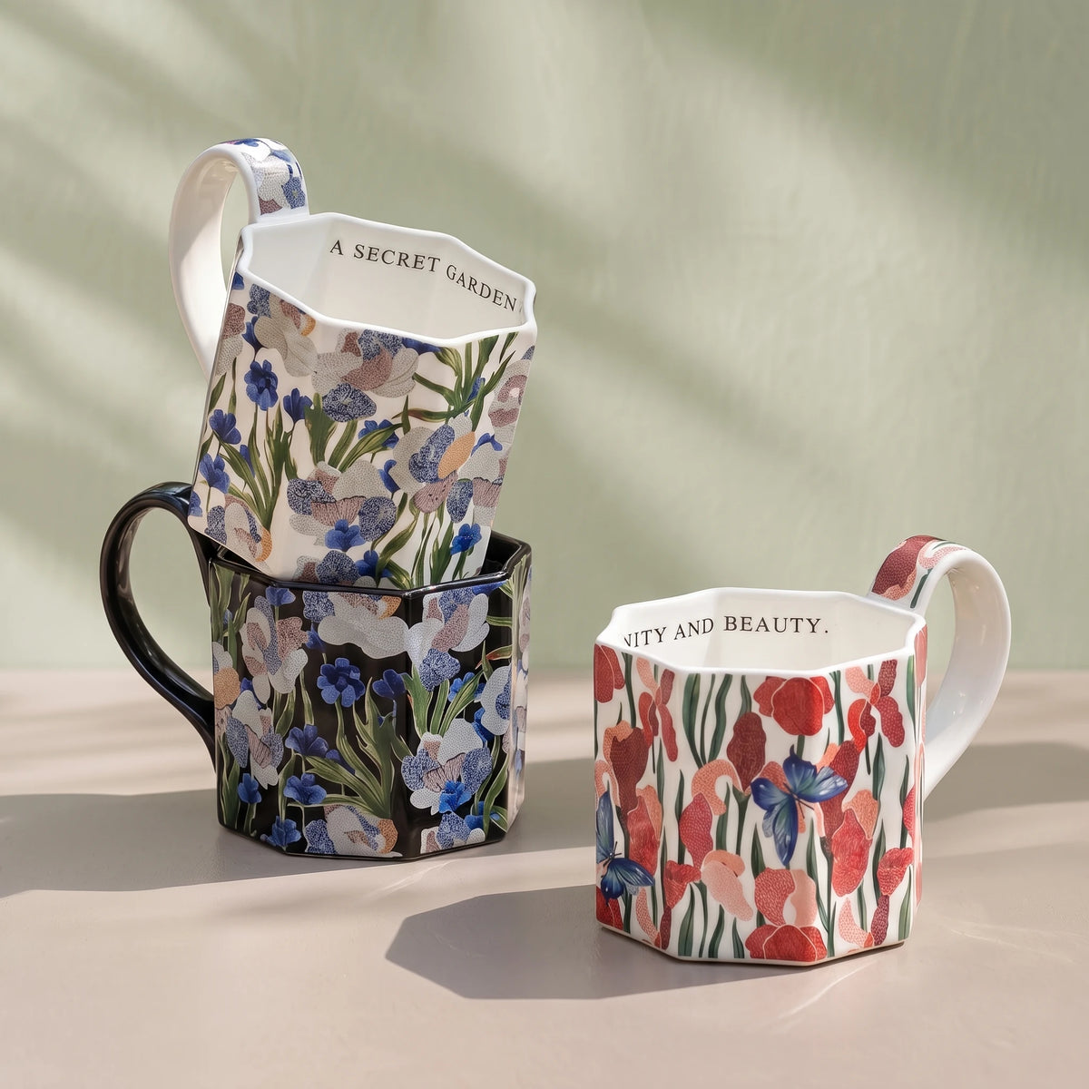 French Vintage Octagonal Botanical Ceramic Mug | Faceted Coffee & Tea Cup (13.5 oz)