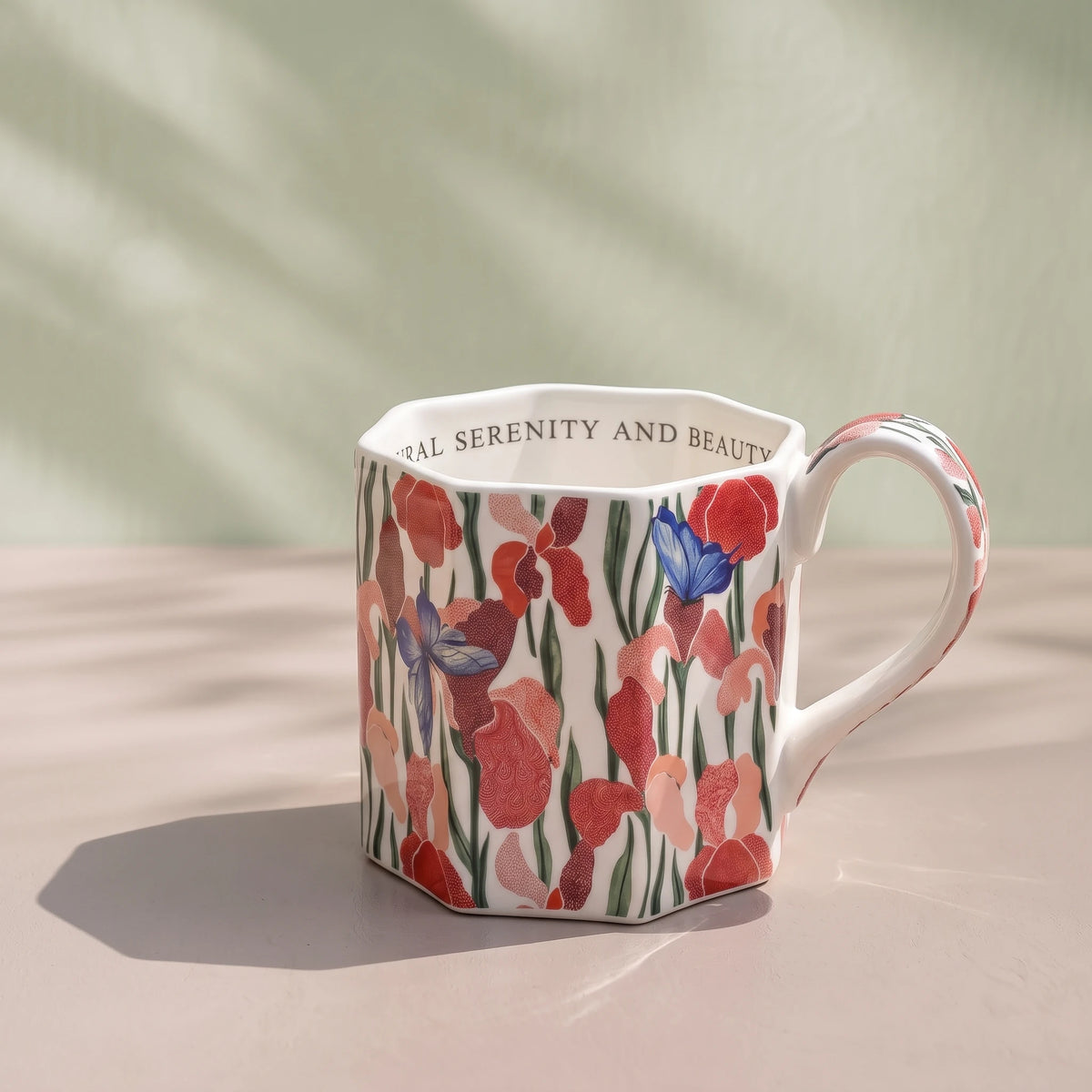 French Vintage Octagonal Botanical Ceramic Mug | Faceted Coffee & Tea Cup (13.5 oz)