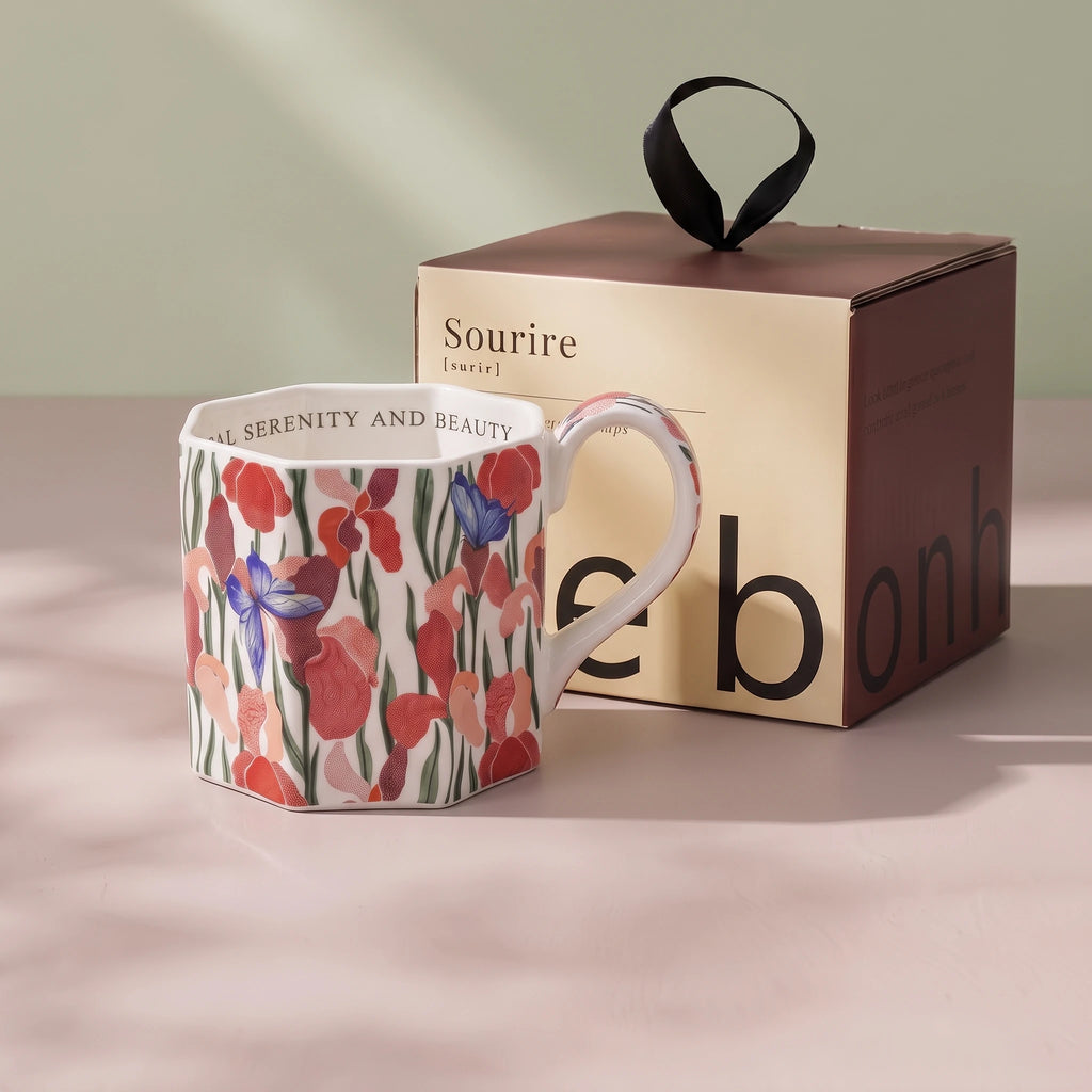 French Vintage Octagonal Botanical Ceramic Mug | Faceted Coffee & Tea Cup (13.5 oz)