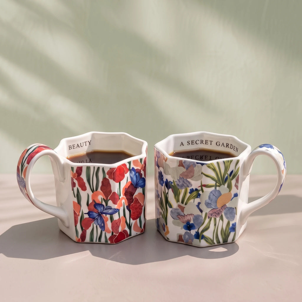 French Vintage Octagonal Botanical Ceramic Mug | Faceted Coffee & Tea Cup (13.5 oz)