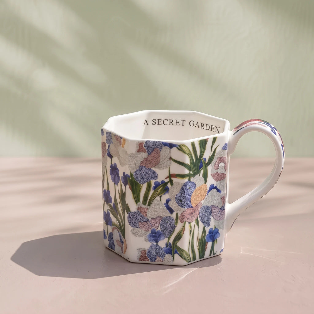 French Vintage Octagonal Botanical Ceramic Mug | Faceted Coffee & Tea Cup (13.5 oz)