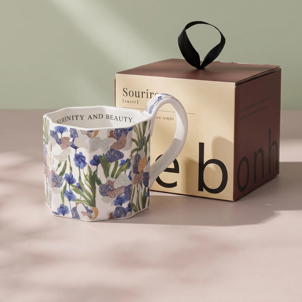 French Vintage Octagonal Botanical Ceramic Mug | Faceted Coffee & Tea Cup (13.5 oz)