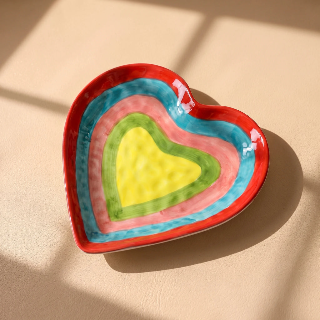Handmade Ceramic Heart Cup and Saucer Set | Hand-Painted Rainbow Mug (10 oz)