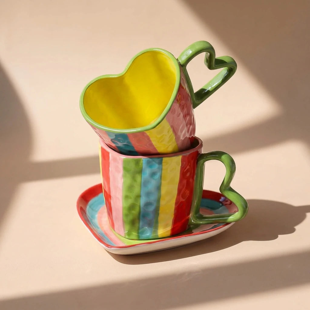 Handmade Ceramic Heart Cup and Saucer Set | Hand-Painted Rainbow Mug (10 oz)