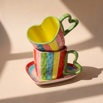 Handmade Ceramic Heart Cup and Saucer Set | Hand-Painted Rainbow Mug (10 oz)