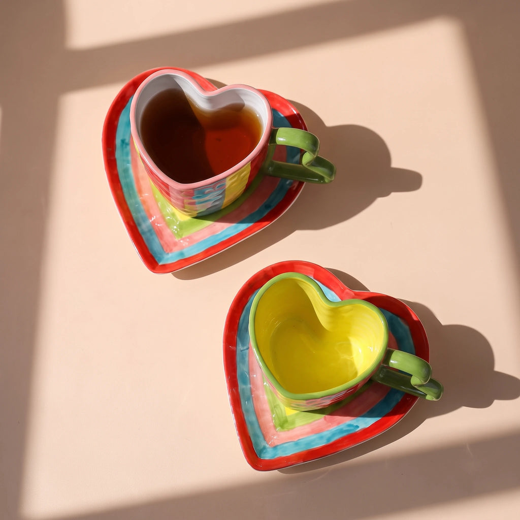 Handmade Ceramic Heart Cup and Saucer Set | Hand-Painted Rainbow Mug (10 oz)