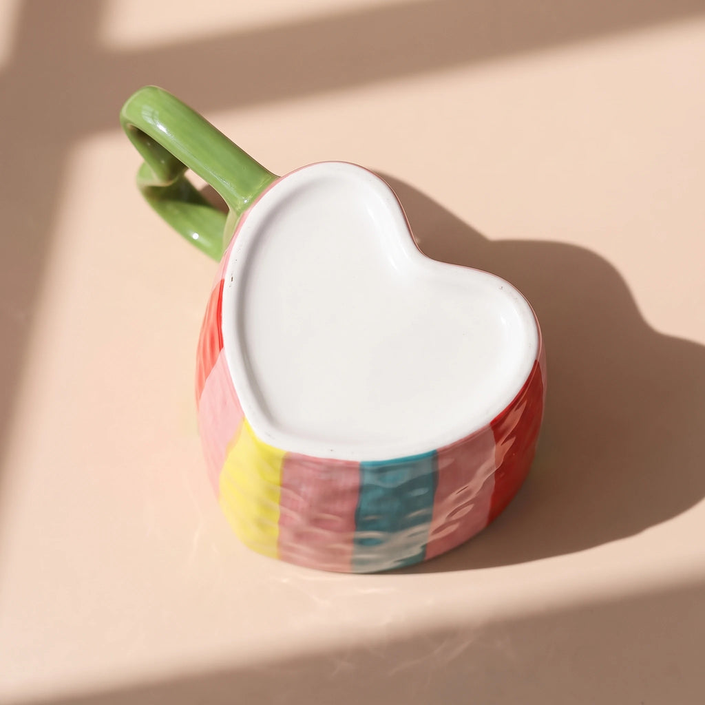 Handmade Ceramic Heart Cup and Saucer Set | Hand-Painted Rainbow Mug (10 oz)
