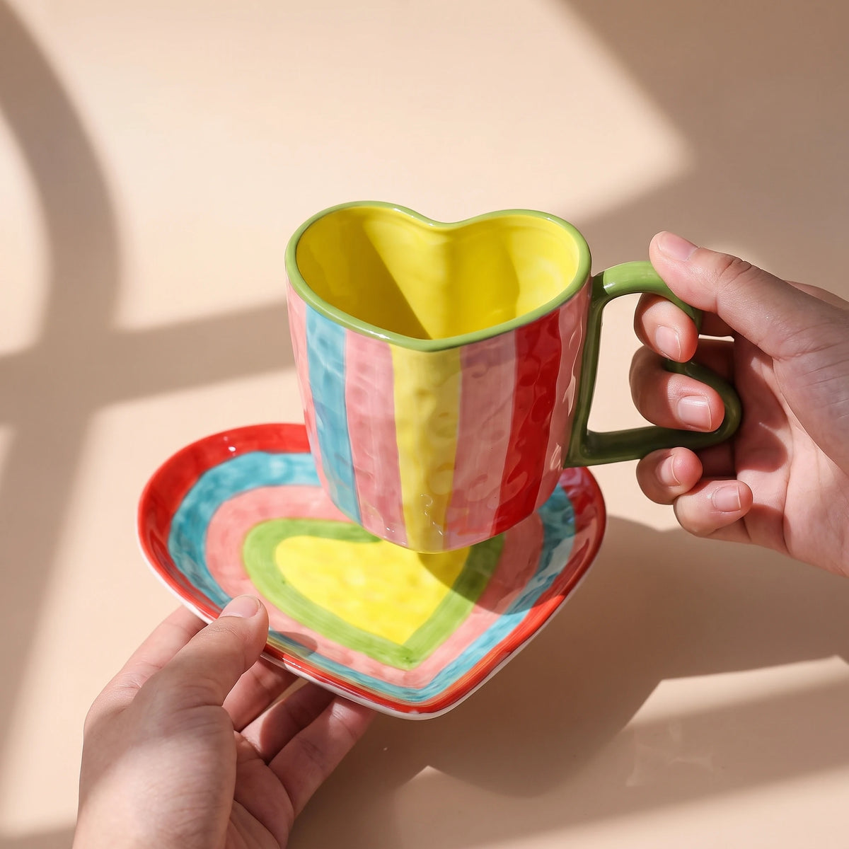 Handmade Ceramic Heart Cup and Saucer Set | Hand-Painted Rainbow Mug (10 oz) Main image