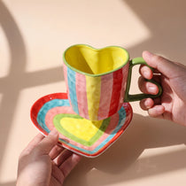 Handmade Ceramic Heart Cup and Saucer Set | Hand-Painted Rainbow Mug (10 oz)