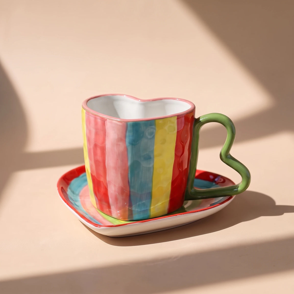Handmade Ceramic Heart Cup and Saucer Set | Hand-Painted Rainbow Mug (10 oz)