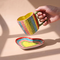 Handmade Ceramic Heart Cup and Saucer Set | Hand-Painted Rainbow Mug (10 oz)