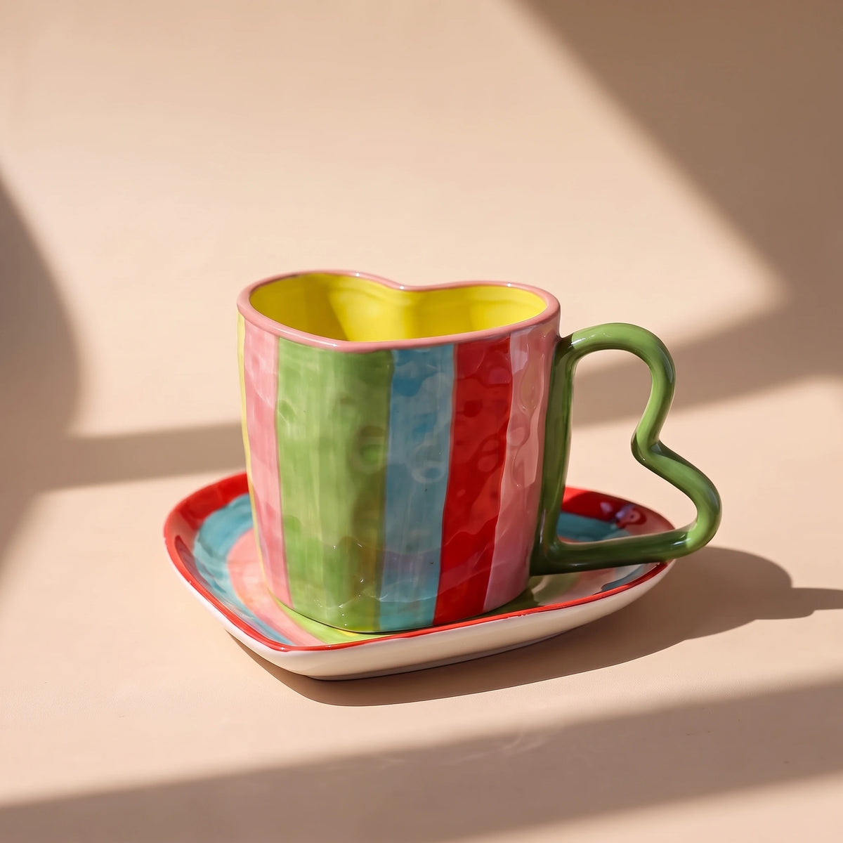 Handmade Ceramic Heart Cup and Saucer Set | Hand-Painted Rainbow Mug (10 oz)