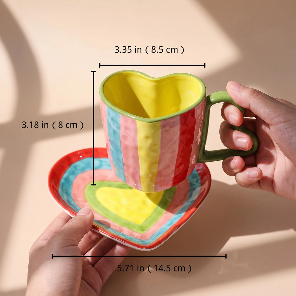 Handmade Ceramic Heart Cup and Saucer Set | Hand-Painted Rainbow Mug (10 oz)